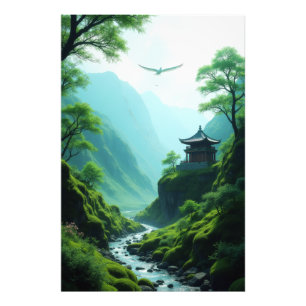 Foto Serene Asian Mountain Valley con Pagoda y Pájaro