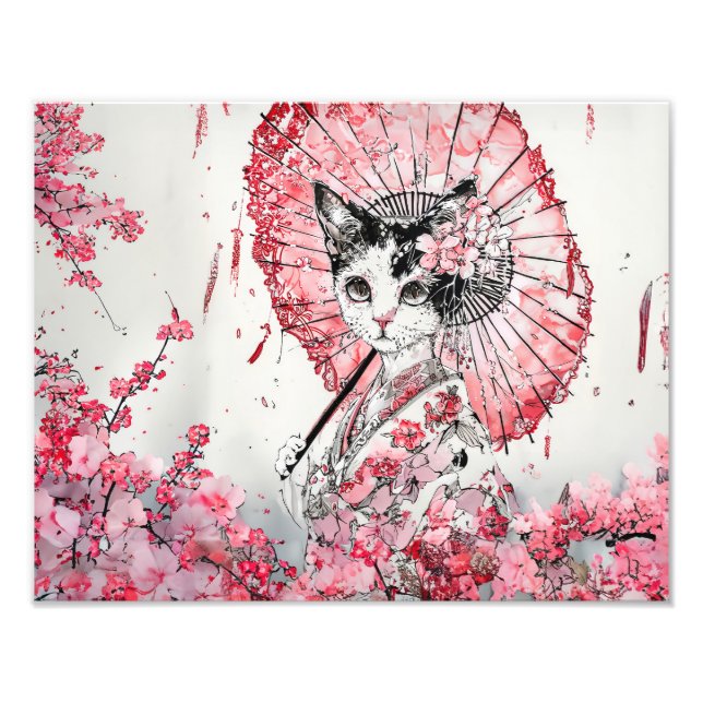 Foto Serene Geisha Cat con Parasol Rojo Flor de cerezo (Frente)