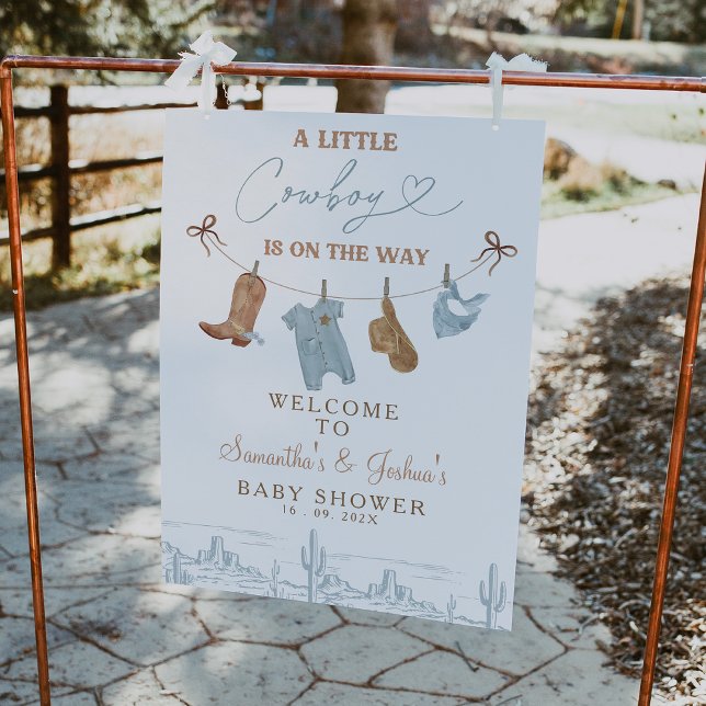 Foto Signo de bienvenida Baby Shower de Blue Clotheslin (Cowboy Baby Shower Welcome Sign, Little Cowboy Baby Shower Welcome Sign Clothesline Western Desert)