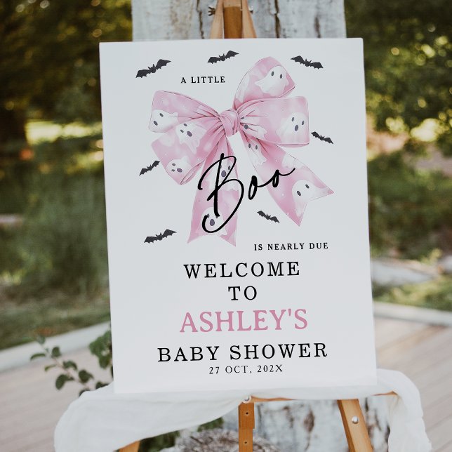 Foto Signo de bienvenida de Baby Shower de Coquette Pin (Little Boo is Almost Due Baby Shower Welcome Sign, Croquette Halloween Little Boo Baby Shower Sign)