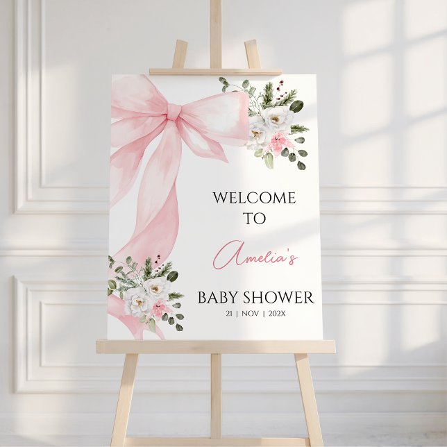Foto Signo de bienvenida de Baby Shower de Coquette Pin (Coquette Pink Bow Baby Shower Welcome Poster, Bow Baby Shower Welcome Sign, Pink Floral Winter)