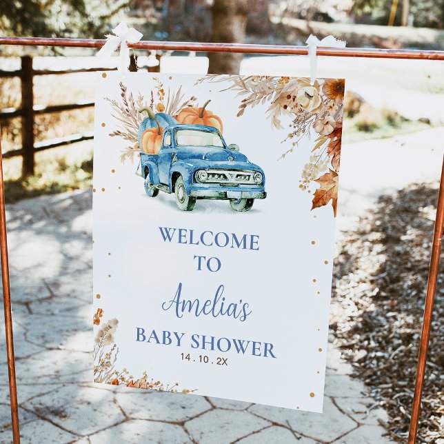 Foto Signo de bienvenida de Baby Shower de Rustic Blue  (Little Pumpkin Baby Shower Welcome Sign, Blue Truck Fall Baby Shower Sign Autumn Pumpkin Truck )