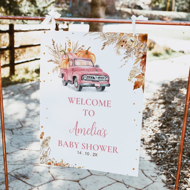 Foto Signo de bienvenida de Baby Shower del camión de c (Editable Girls Pumpkin Truck Baby Shower Welcome Sign Fall Harvest Pink Truck Baby Shower Welcome )
