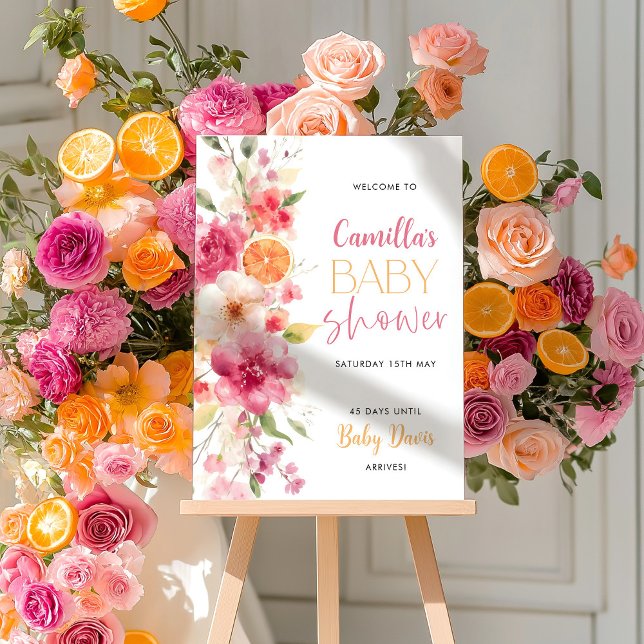 Foto Signo de bienvenida de Baby Shower floral de Citru (Citrus Orange Bright Floral Baby Shower Welcome Sign)