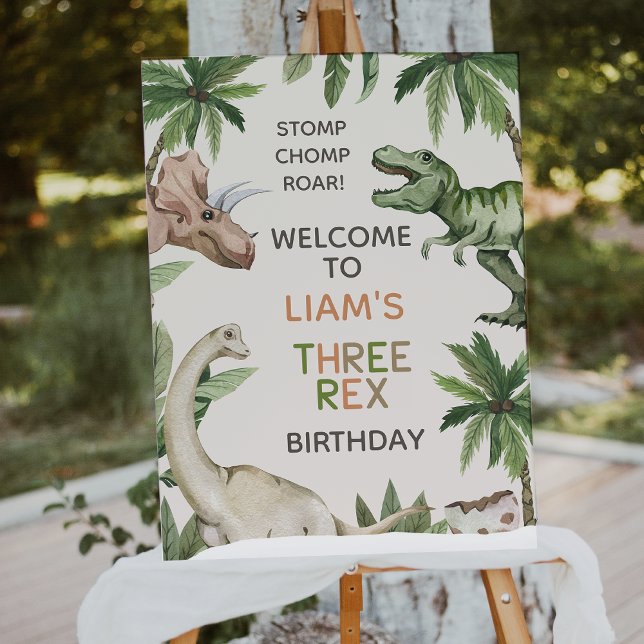 Foto Signo de bienvenida de cumpleaños de dinosaurios d (Three Rex Birthday Welcome Poster, Three Rex Birthday Party Welcome Sign, Boys Dinosaur 3rd Birthday)