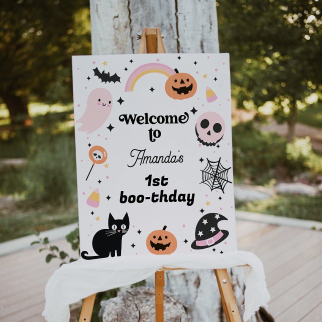 Foto Signo de bienvenida de cumpleaños de Halloween neg (Retro Halloween Birthday Welcome Sign, Hey Boo Birthday Welcome Sign, Girl Halloween Themed )