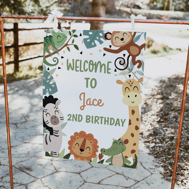 Foto Signo de bienvenida de cumpleaños de Safari salvaj (Boys Safari Welcome Sign, Wild Safari Welcome Birthday Party Poster, Jungle Animals Welcome Sign)