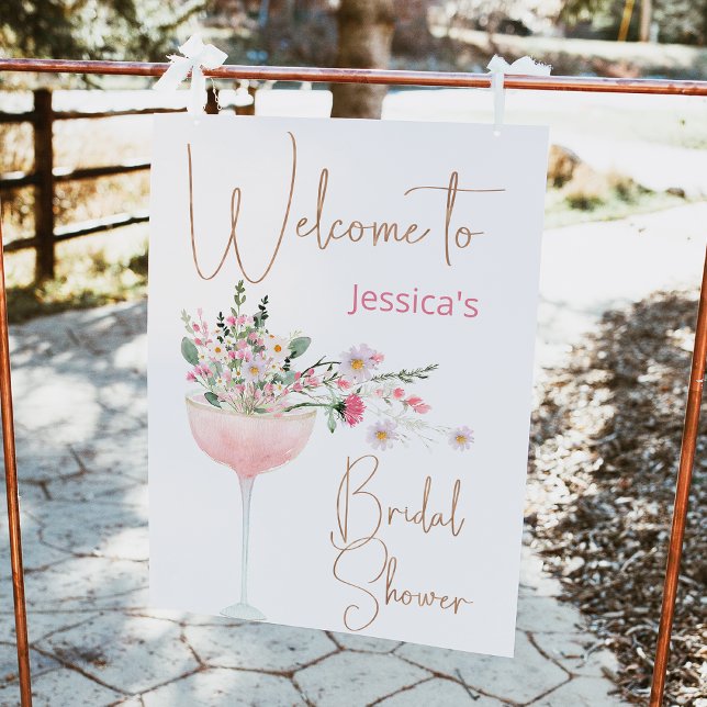 Foto Signo de bienvenida de la ducha de flores silvestr (Champagne Glass Wildflowers Bridal Shower Welcome Sign, Petal Prosecco Bridal Shower Welcome Sign,)