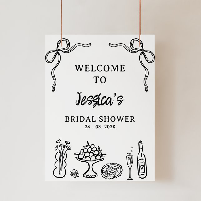 Foto Signo de bienvenida de la ducha de novia dibujada  (Black Hand Drawn Whimsical Bridal Shower Welcome Sign Bow Food Drinks Black Illustration Bridal )