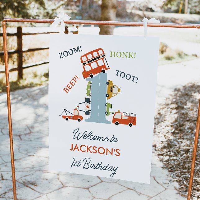 Foto Signo de bienvenida de primer cumpleaños del tema  (Transport themed baby boy's 1st birthday welcome sign featuring a large number and various vehicles)
