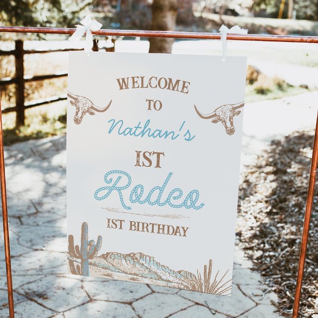 Foto Signo de bienvenida del primer cumpleaños de Rodeo (Vintage 1st Rodeo Birthday Welcome Sign, Boys First Rodeo Welcome Poster, Western Desert, Wild West )