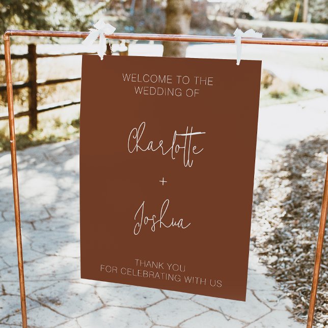 Foto Signo de bienvenida minimalista de Terracotta Boda (Modern minimalist terracotta wedding welcome sign featuring a modern calligraphy font.)