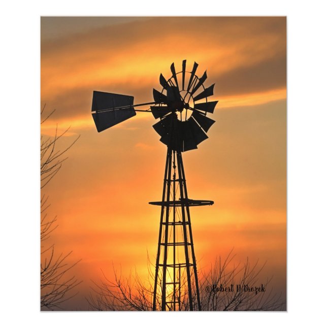 Foto Silhouette Windmill Kansas Sunset con nubes (Frente)
