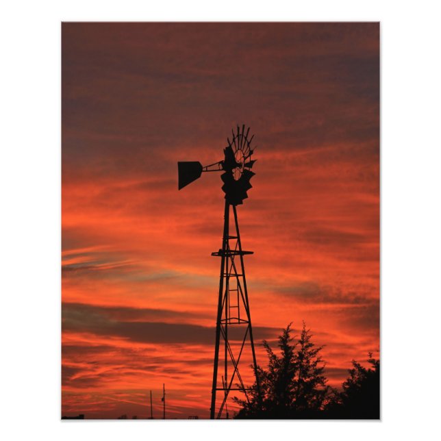 Foto Silhouette Windmill Kansas Sunset con nubes (Frente)
