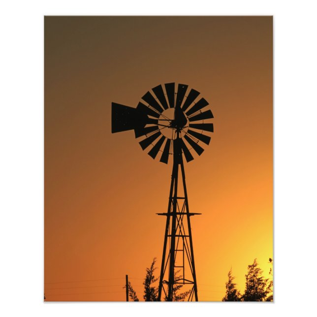 Foto Silhouette Windmill Kansas Sunset con nubes Phot (Frente)