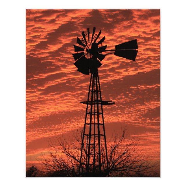 Foto Silhouette Windmill Kansas Sunset con nubes Phot (Frente)