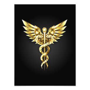 Foto Símbolo de caduceo poligonal dorado