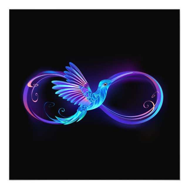 Foto Símbolo de infinito neón con colibrí brillante (Frente)