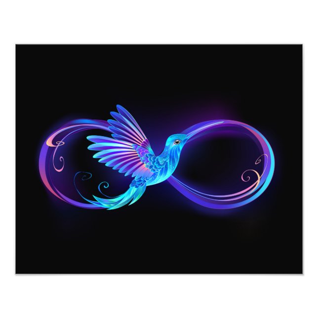 Foto Símbolo de infinito neón con colibrí brillante (Frente)