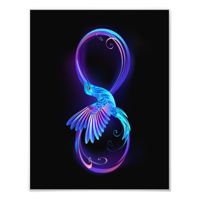 Foto Símbolo de infinito neón con colibrí brillante (Frente)