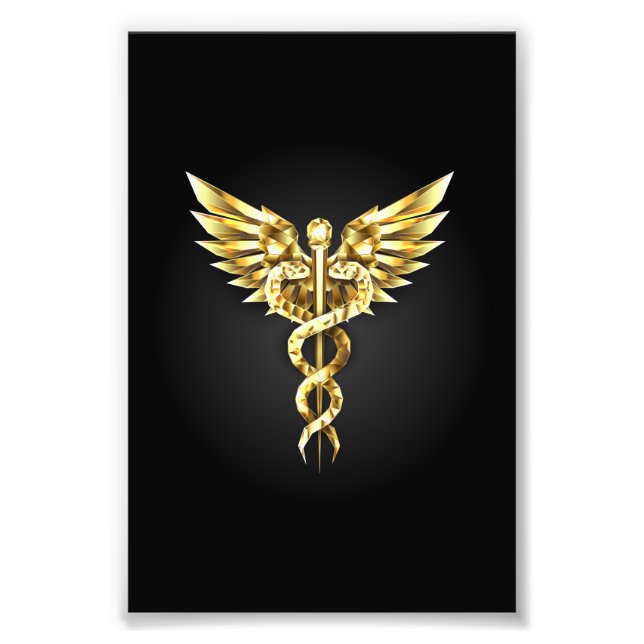 Foto Símbolo poligonal de oro Caduceus (Frente)