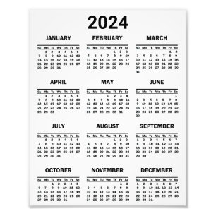 Foto Simple Black & White 2024 Year At Glance Calendar