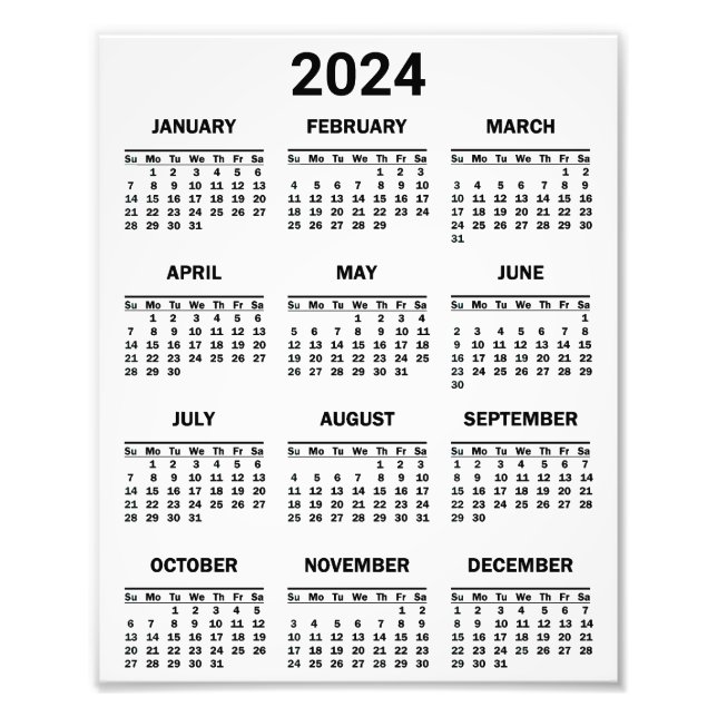 Foto Simple Black & White 2024 Year At Glance Calendar (Frente)