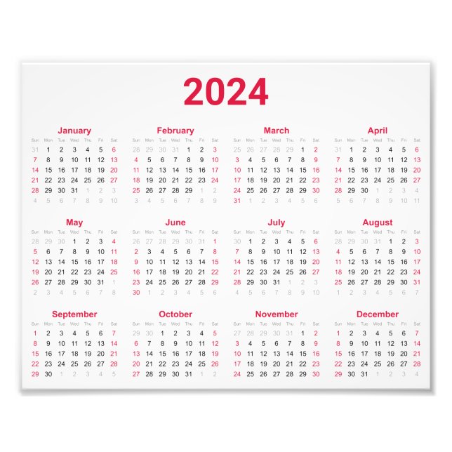 Foto Simple Red & White 2024 Year At Glance Calendar (Frente)