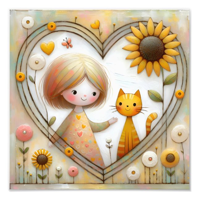 Foto Sweet Girl and Ginger Cat with Sunflowers (Frente)