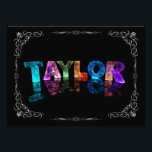 Foto Taylor - El nombre Taylor en luces 3D (Fotografía)<br><div class="desc">¡Un poco de magia para el Taylor en tu vida! El nombre de Taylor se refleja en el agua residual, con hexágonos de Relieve metalizado flotantes. Las letras parecen esculpidas de hielo o cristal. Esta imagen es una fotografía de cartas hechas a mano, que cambian al azar, produciendo patrones únicos...</div>