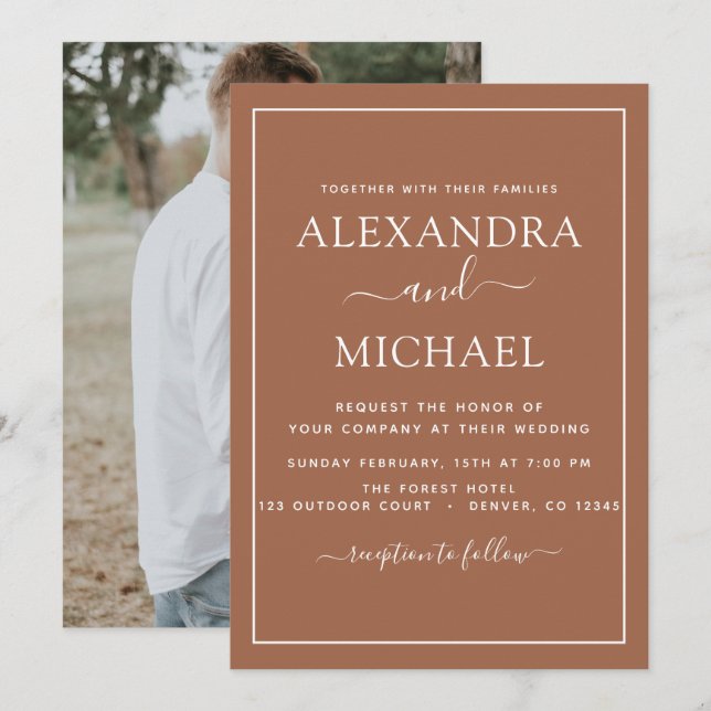 Foto Terra Cotta Boho Boda Invitación simple (Anverso / Reverso)