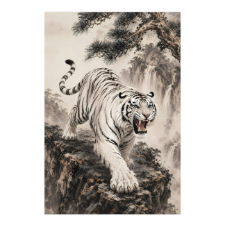 Foto Tigre Blanco Rugiente Pintura de Tinta al Lavado |