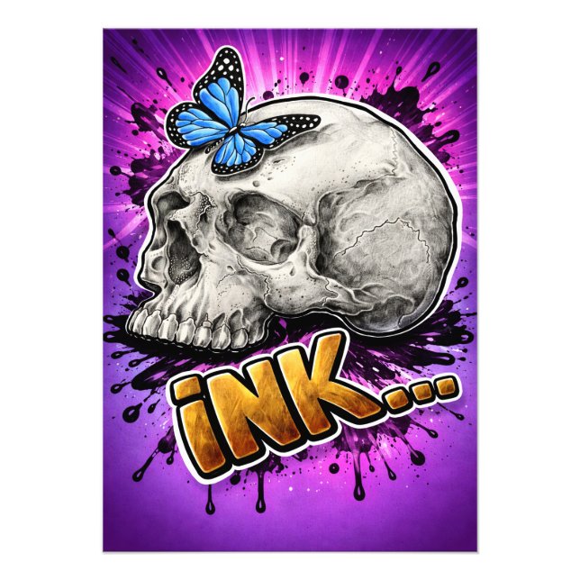 Foto TINTA… Calavera dibujada a mano con mariposa (Frente)