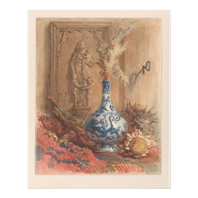 Foto Todavía la vida con un jarrón chino y girasol seco (Frente)