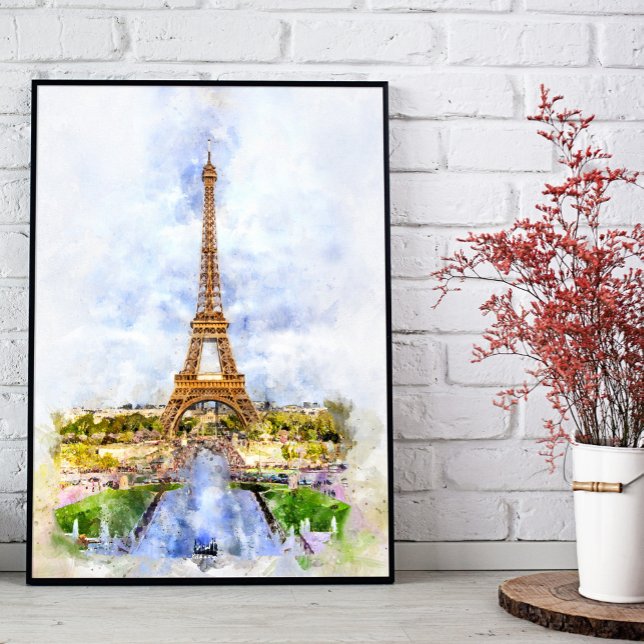 Foto Torre Eiffel Atardecer París Acuarela Francesa (Sunset Eiffel Tower Paris French Watercolor. Photo Print)