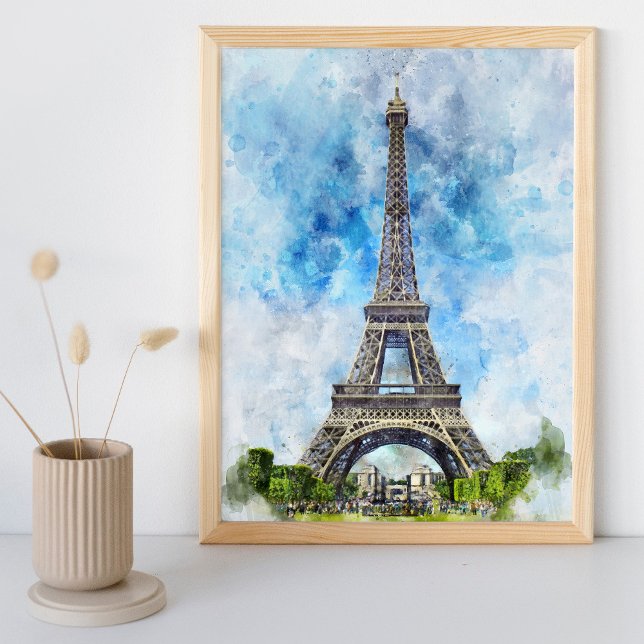 Foto Torre Eiffel París Francia Acuarela (Paris France Eiffel Tower Watercolor. Photo Print)