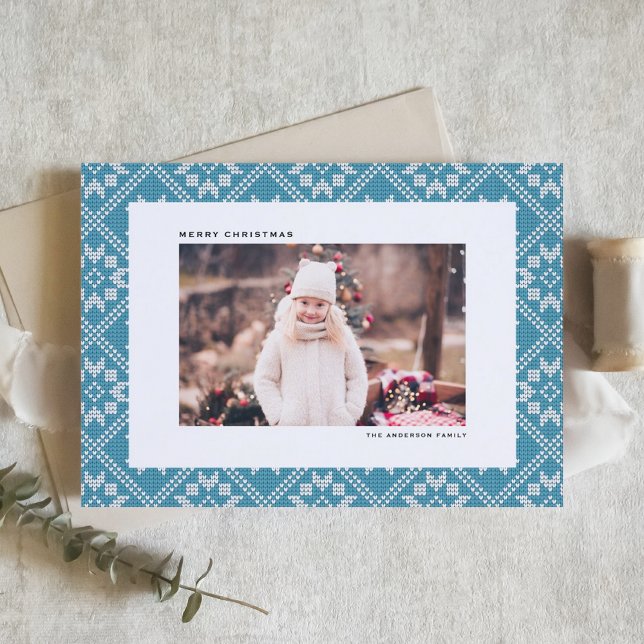 Foto tradicional de Navidad con Jersey tejido de F (Blue Fair Isle Sweater Knit Pattern Photo Christmas Holiday Card)