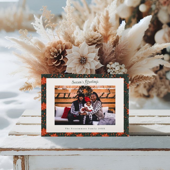 Foto Tradicional de Navidad con Poinsettia Roja (Poinsettia Season Christmas Card forest green)