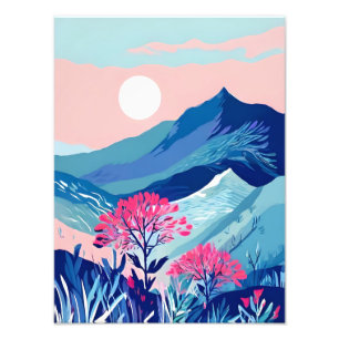 Foto Tranquilo atardecer de montaña con flores rosas