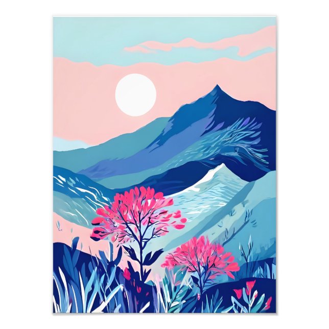 Foto Tranquilo atardecer de montaña con flores rosas (Frente)