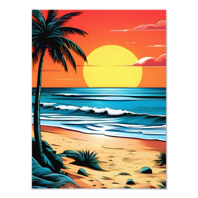 Foto Tranquilo escape de playa: puesta de sol con palme (Frente)