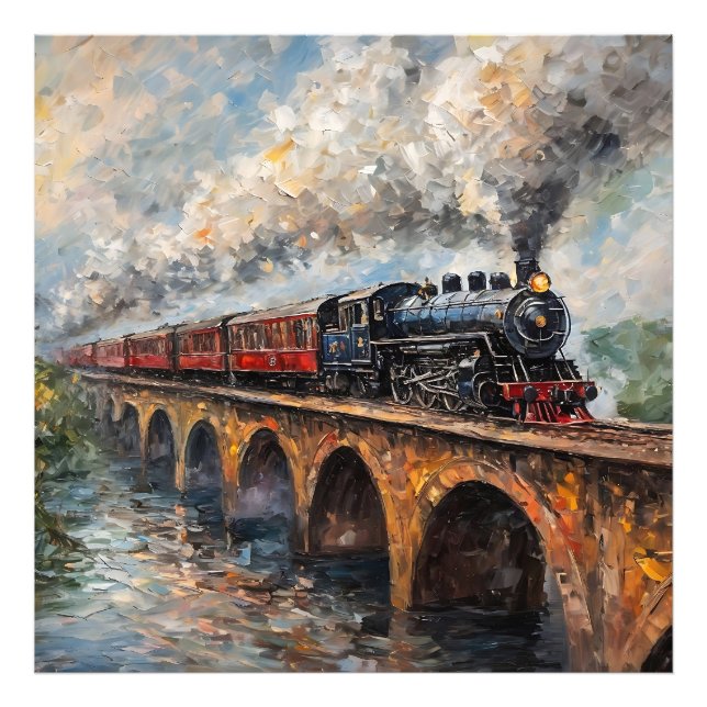 Foto Tren de vapor en un puente - pintura al petróleo (Frente)