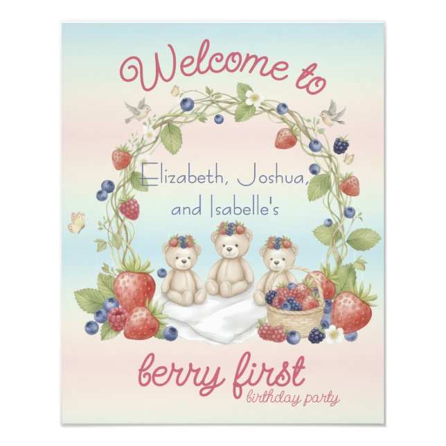 Foto Triplets Berry First Birthday Party Poster (Frente)