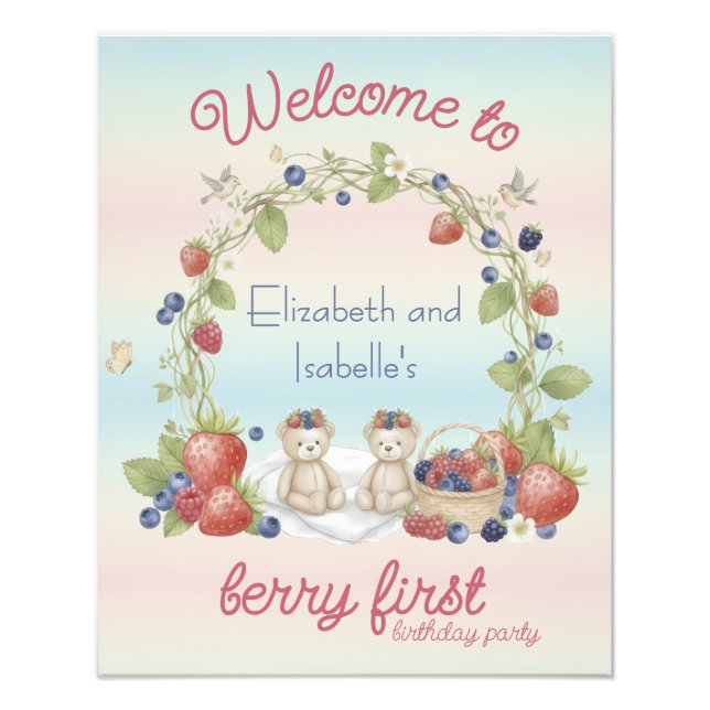 Foto Twins Berry First 1st Birthday Party Poster (Frente)