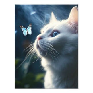 Foto Un gato blanco con ojos azules mira una mariposa
