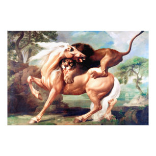 Foto Un León Ataca Una Pintura De Caballo