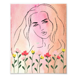 Foto Una bella mujer y flores, diseño de líneas de arte