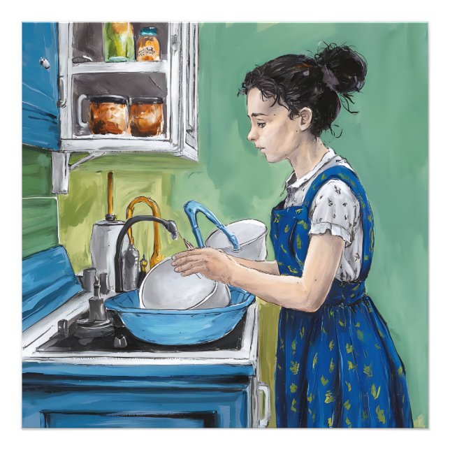 Foto Una mujer lava los platos en una cocina azul. (Frente)