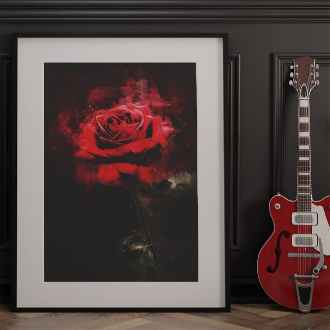 Foto Una Rosa Roja Acuarela sobre Fondo Negro (One Red Rose Watercolor on Black Background. Photo Print)