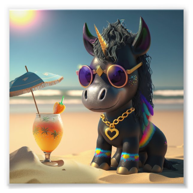 Foto unicornio negro fresco en la playa camiseta (Frente)